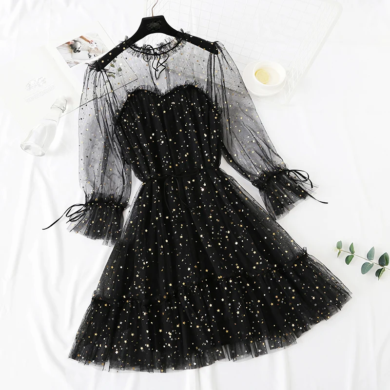 2019 New Women Fashion Dress Stand Collar Mesh See-through Lace Fairy Dresses Femme Vestidos Evening Party Elegant | Женская одежда