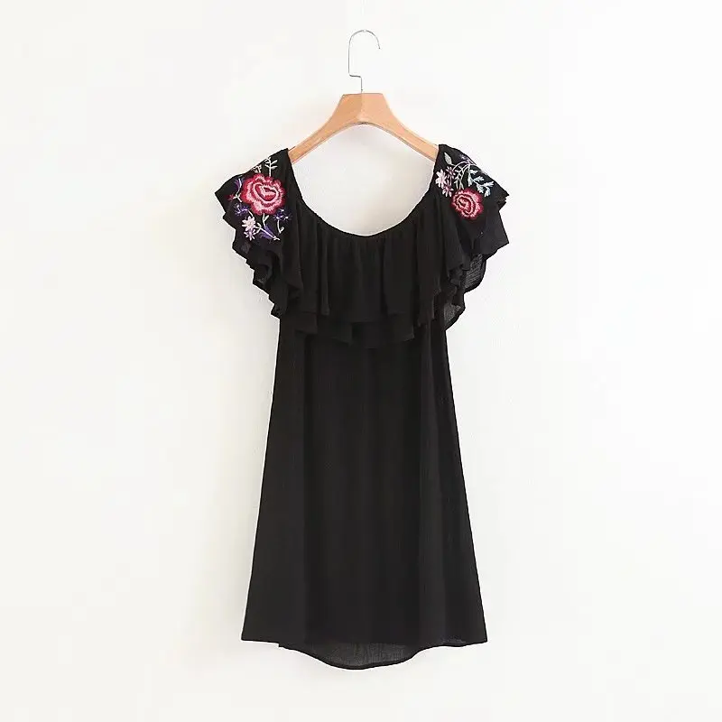 Летние пикантные с открытыми плечами женское платье 2018 оборками вышивка