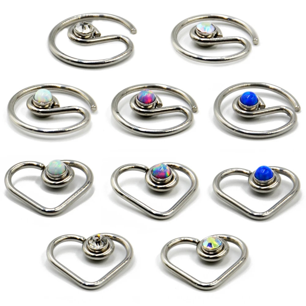 Showlove-1pcs хирургическая сталь опал Daith сердце круг гибкие ухо траг серьги, Надеваемые На Ушной Хрящ Пирсинг для губ кольцо Пирсинг 16 г