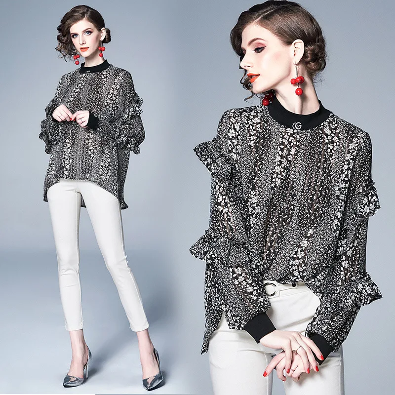 S-XXL spring summer woman blouse shirt beading collar brooch white flower pattern print black loose plus size |