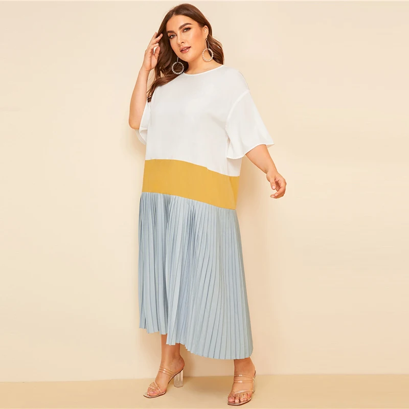 SHEIN, разноцветное плиссированное платье с открытыми плечами размера плюс,, женское летнее Повседневное платье-туника с рукавом до локтя