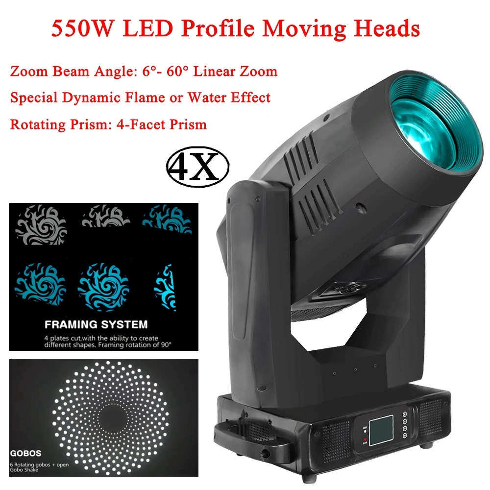 4Pcs/Lot LED 550W LED Profile Moving Head Light 6°- 60°linear zoom Angle New  special dynamic flame or water effect Stage Light