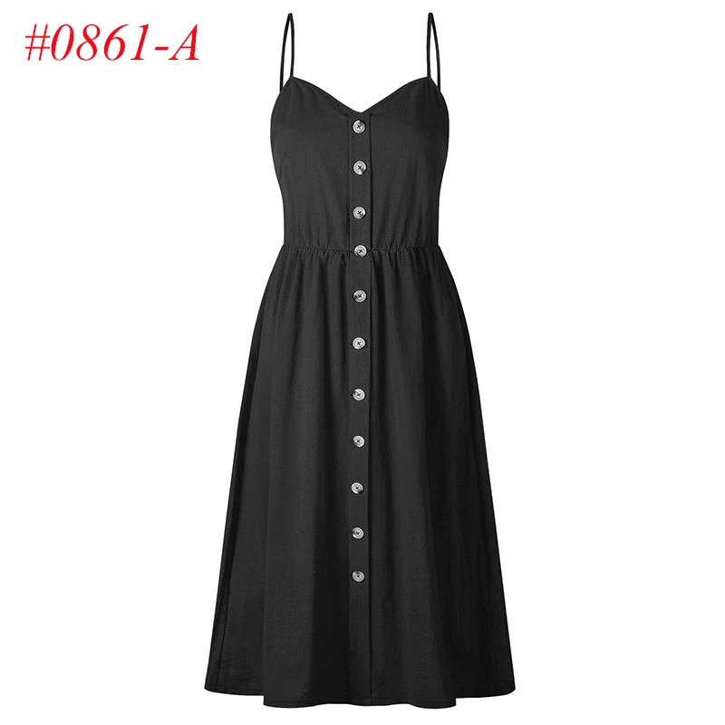 Женские сексуальные летние платья, Boho, плюс XXXL, без рукавов, на пуговицах, в полоску, сплошное, миди платье, сарафан с карманами - Цвет: 0861 Black Dress