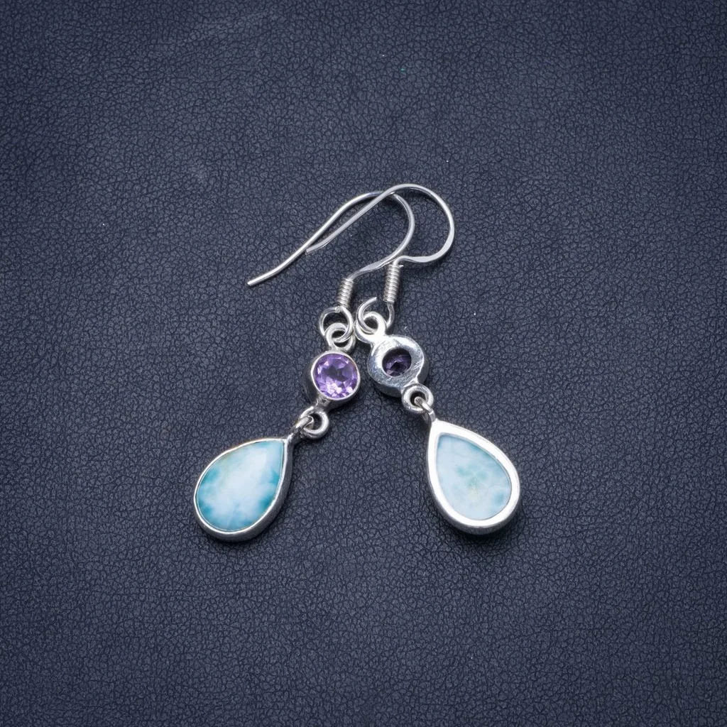 Natural Caribbean Larimar and Amethyst Handmade Unique 925 Sterling Silver Earrings 1.5&quot X5096 | Украшения и аксессуары