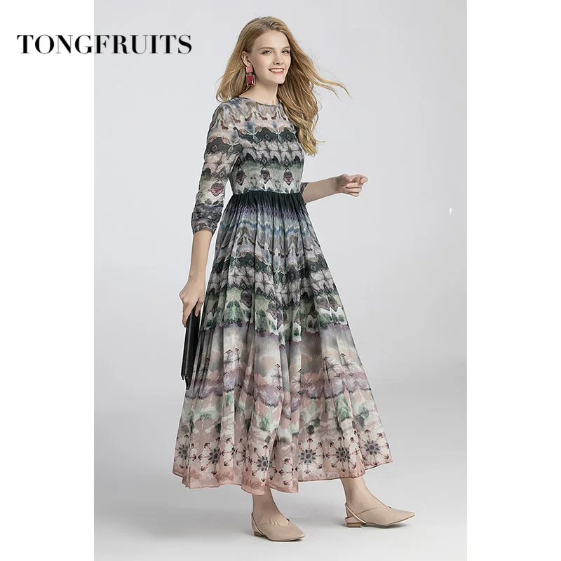 Летнее женское длинное платье с цветочным принтом и круглым вырезом свободные