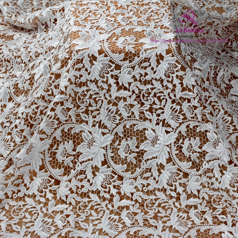 

La Belleza 1 yard Heavy embroidery hight quality wedding gown lace fabric off white rayon cord flowers lace fabric 47" width