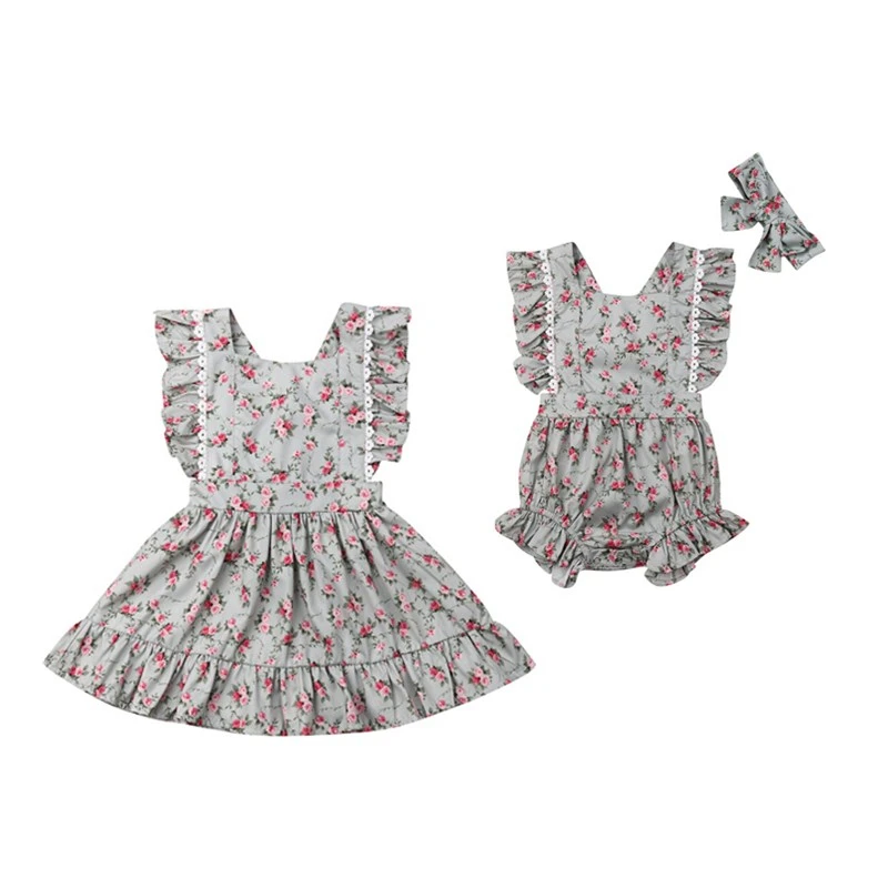 

Cute Big/Little Sister Matching Outfits Dress Romper Top Newborn Baby Girl Floral Bodysuit Backess Tutu Dress Sunsuit Clothes