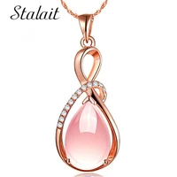 fashion bridal jewelry rose gold pink powder crystal opal natural lotus gem water drop 8 words stone pendant necklace