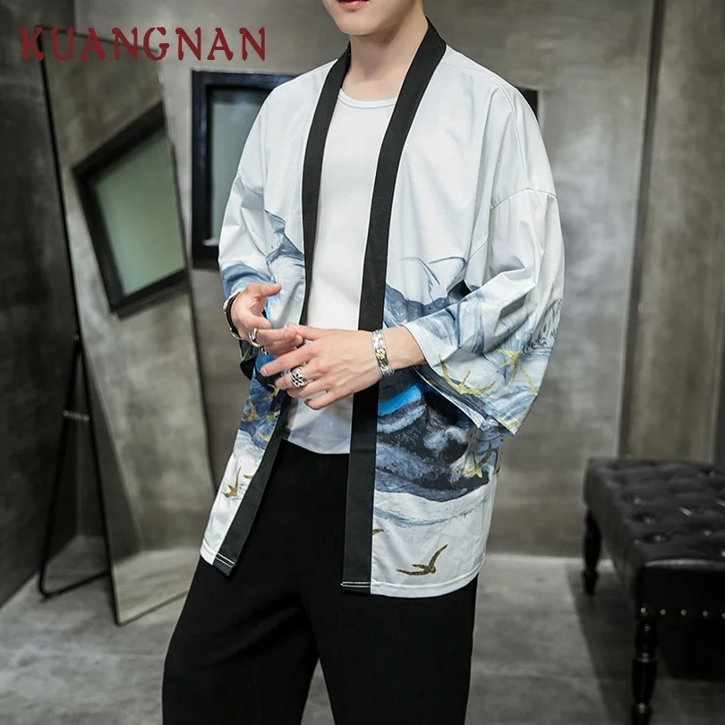 KUANGNAN Wild Goose Print Kimono Men Japanese Kimono Cardigan Harajuku Kimono Shirt Men Streetwear Hawaiian Shirt Men