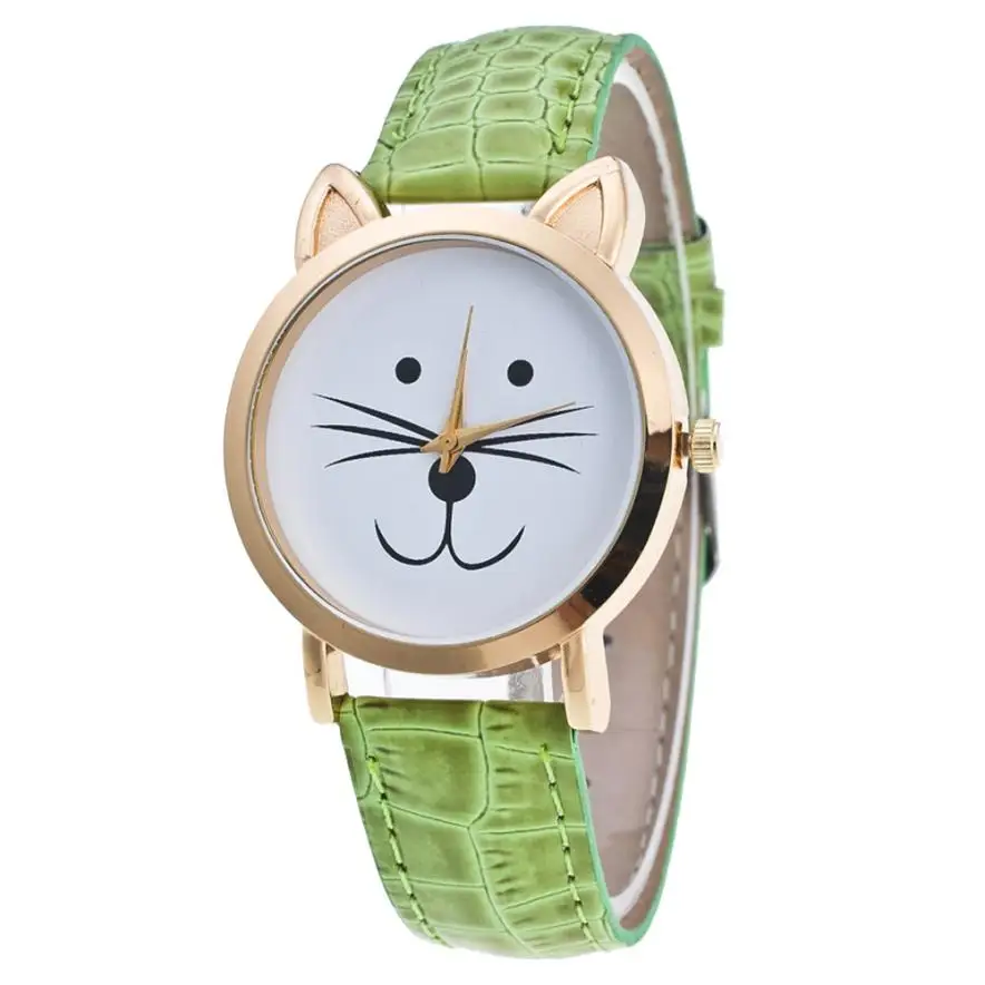 Высокое качество кожанные женские часы Новые Curren Cat Face Pattern кожаный ремешок