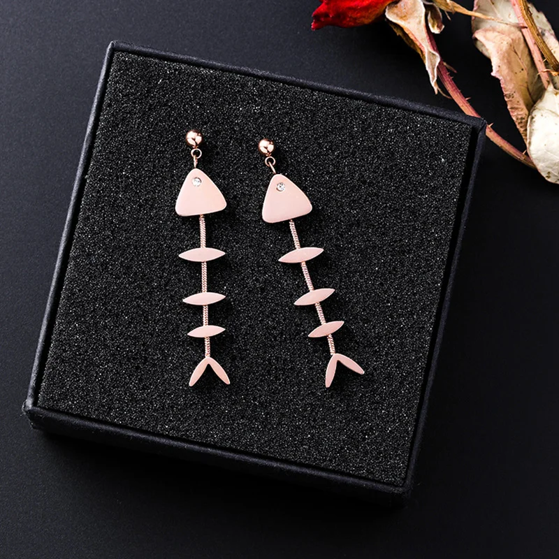 2019 New Stainless Steel Fish Boen Dangle Earrings for Women Girl's Cute Funny Drop Earring Rose Gold Travel | Украшения и
