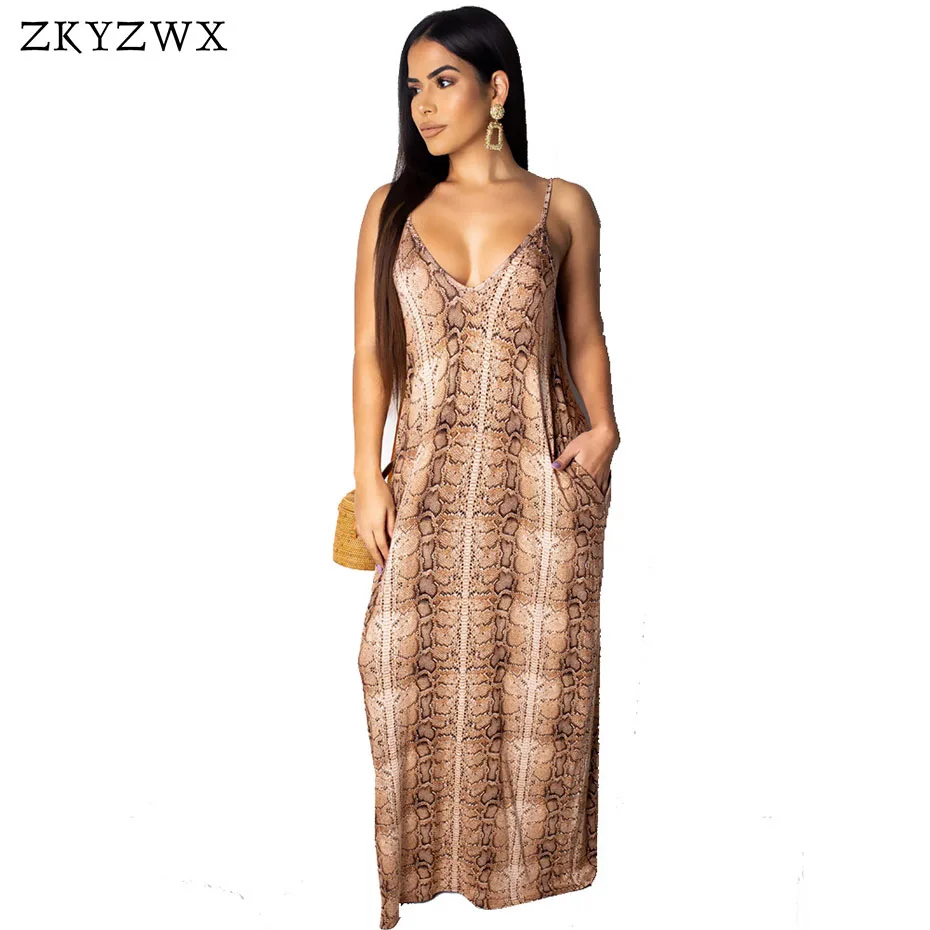 ZKYZWX под змеиную кожу сексуальным вырезом на спине и Maxi Dress Vestidos Для женщин