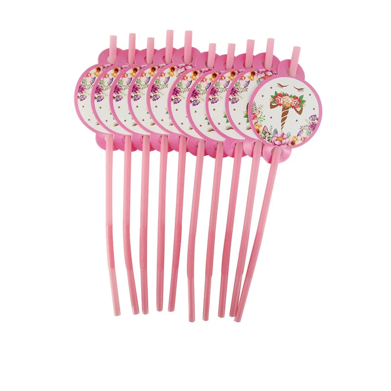 straw 10pcs Единорог День рождения украшения Дети розовый Радуга баннер Единорог тарелка воздушные шары салфетка обертка девочка с днем рождения Декор - Цвет: straw 10pcs