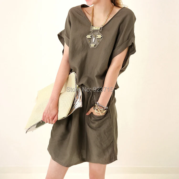 queen European linen dress summer women's casual style V -neck loose commoner was thin cotton drawstring | Женская одежда