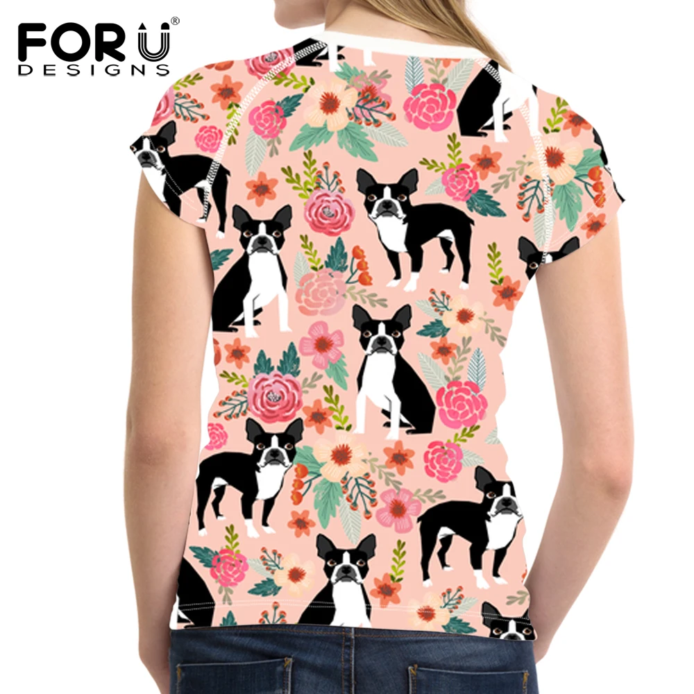 FORUDESIGNS T Shirt Women Boston Terrier Printing T-shirt Ladies O-neck Fashion Floral Tops Females Kawaii Tee shirt for Girls | Женская