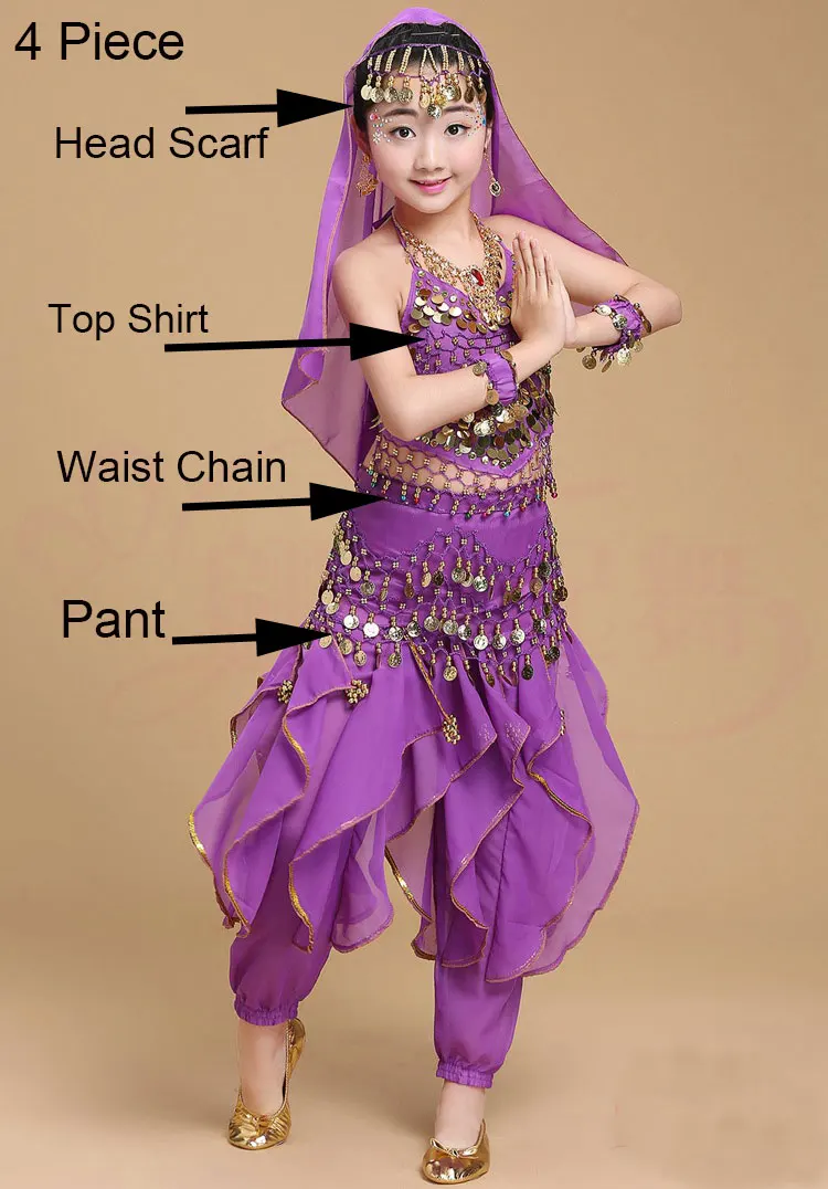 Purple 4 Piece Костюм для танца живота для девочек, детское платье для индийского танца, Детские Танцевальные Костюмы Болливуда для девочек, танцевальная одежда для выступлений, 6 цветов - Цвет: Purple 4 Piece