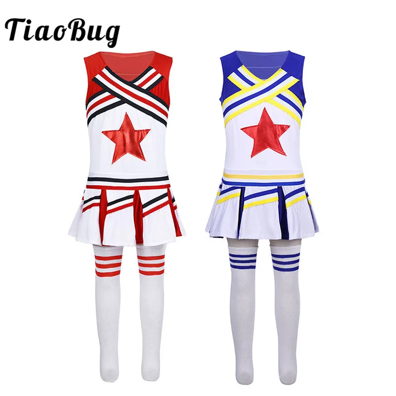 

TiaoBug Kids Teens Hip-hop Stage Jazz Dance Costume Girls Cheerleader Costume Street Dancing Star Applique Tops Skirt Socks Set