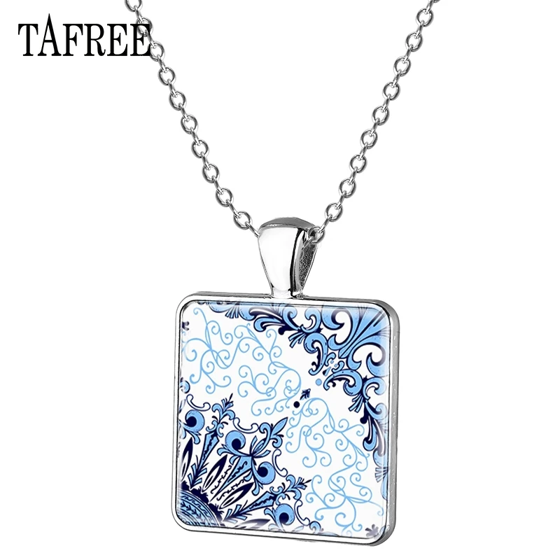 

TAFREE Azulejo Portugues Small Pendant Necklace Elegant Square Pendants for women Necklaces classical Portugal Jewelry AP29