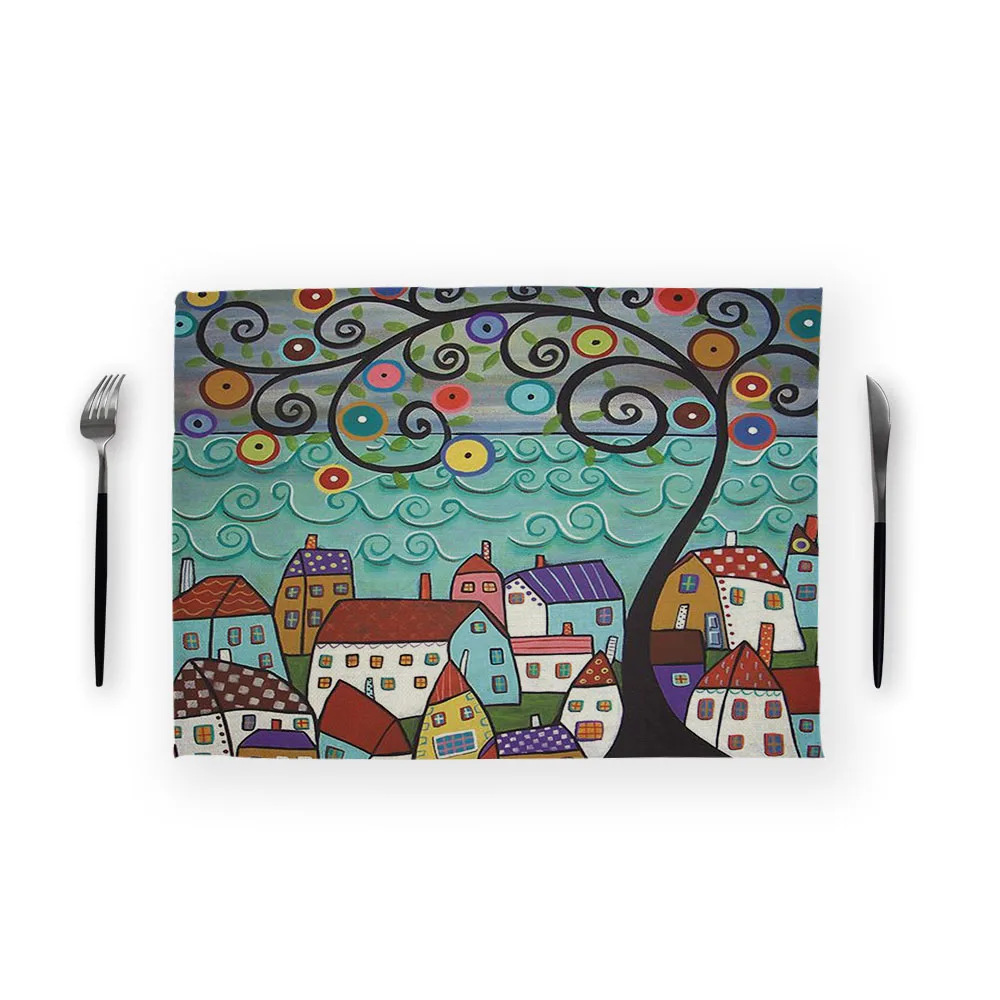 Тканевые салфетки в стиле ретро с изображением городов|Столовые салфетки| |