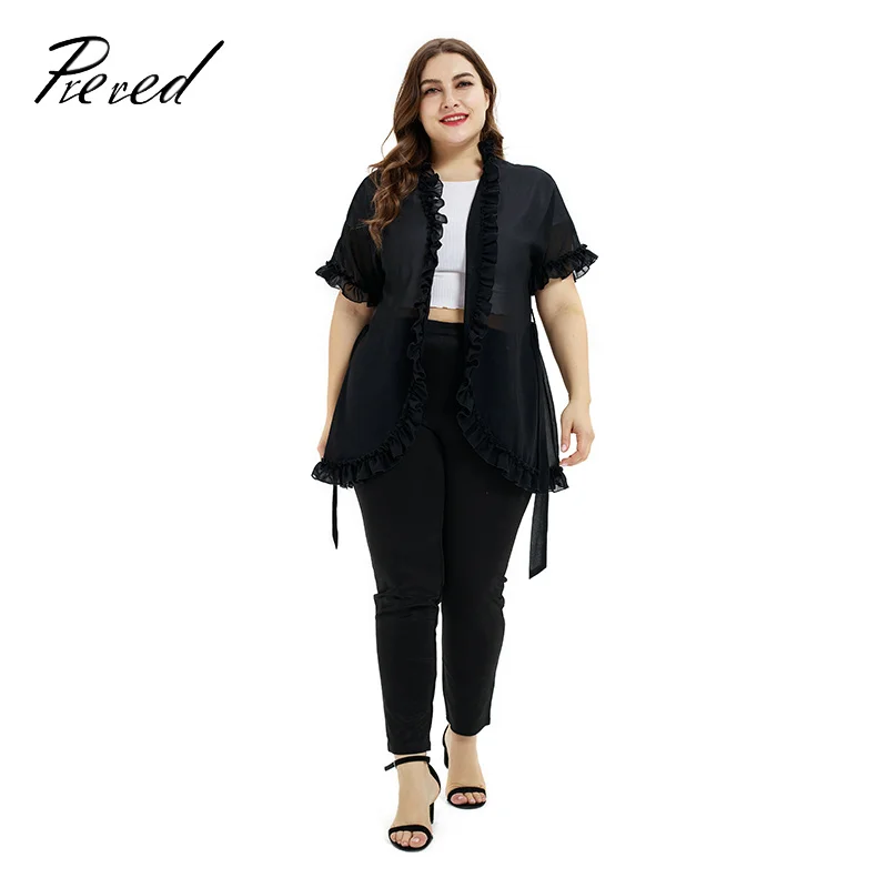 Women's Shirt Summer Female Plus Size Solid Color Hoody Clothing Sexy Chiffon Blouse Can Tie Ruffled Cardigan |