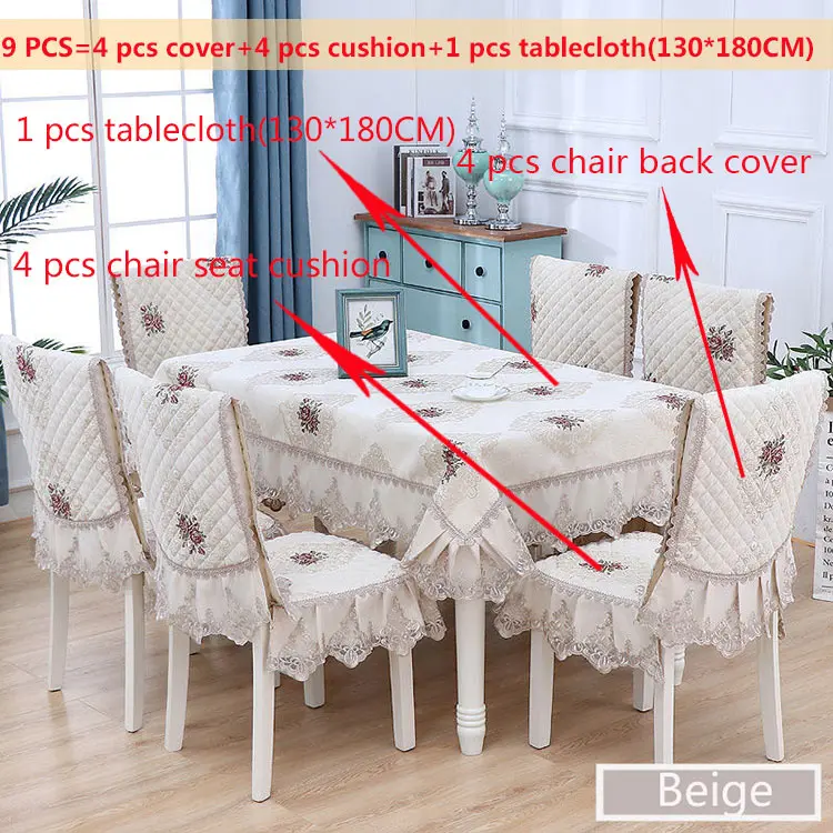 Beige 9pcs Европейский жаккард кружевная скатерть подол прямоугольные скатерти чехлы для стульев Подушка смывающаяся печать цветок белая ткань 130*180 см - Цвет: Beige 9pcs