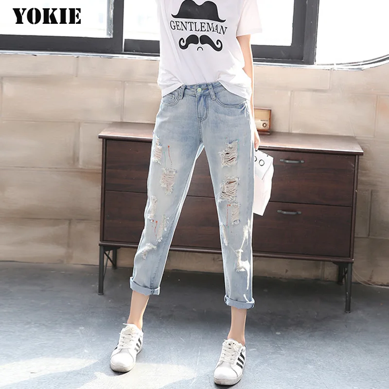 Женские джинсы с дырками и вырезами большие размеры светло-голубые женские Новое