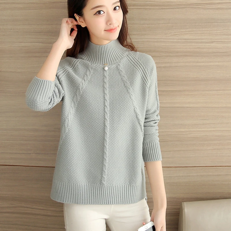 Black Sweater Fashion Women Winter Half Turtleneck Long Sleeve Slim Knitted Sweaters Female Tops Pullovers Beading White Women's |