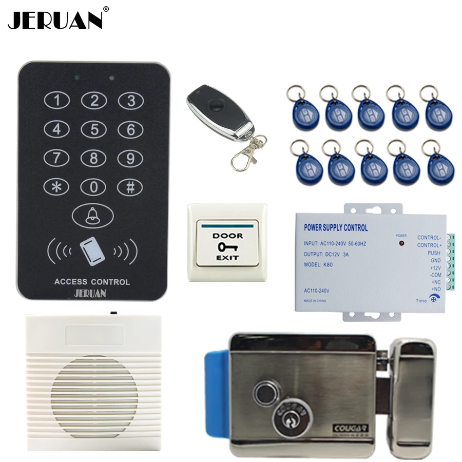 JERUAN крутой черный rfid-контроллер доступа с паролем комплект + дверной звонок пульт