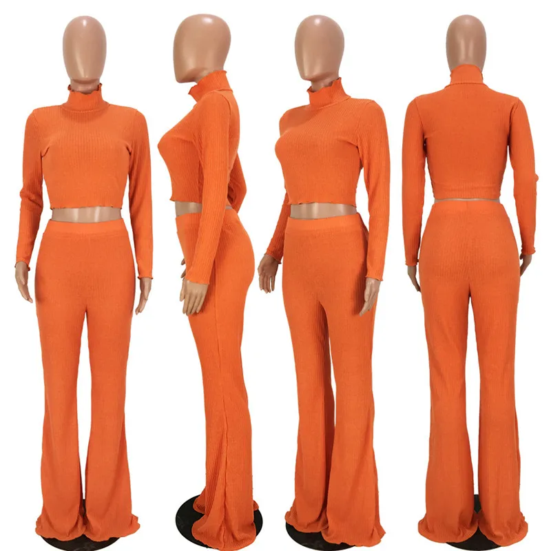 Sexy Knitted Ribbed Two Piece Set Women's Outfits Long Sleeve Turtleneck Crop Top+ high waist Wide Leg Pants Casual Sweat Suits | Женская