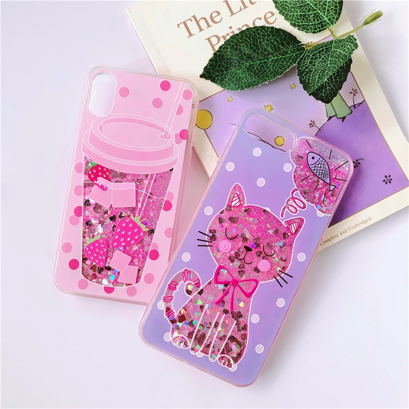 pink color Dynamic Liquid cat Case Quicksand Fun Milk tea cup phone For Apple iphone 6 6s 7 8 Plus X XS XR MAX |
