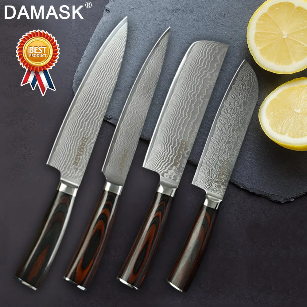 Damask Kitchen Knives Set Damascus Steel Color Wood Handle Paring Utility Chopping Santoku Slicing Chef Cooking Knife | Дом и сад