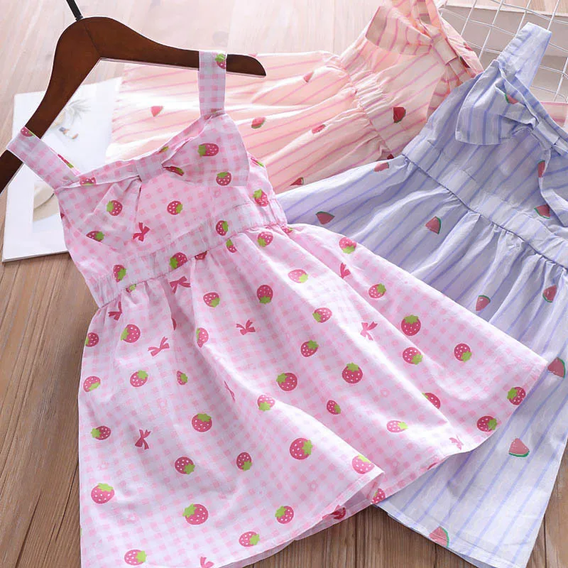 Everweekend Girls Plaid Striped Bow Straps Dress Print Strawberry Watermelon Summer Holiday Clothes Candy Color Sweet Kids | Детская