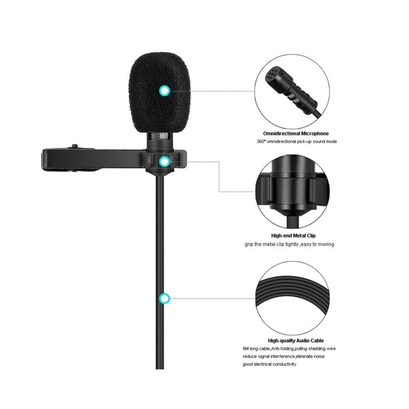 3 5 мм Аудио Видео Запись Lavalier отворотом микрофон 6 м (20 футов) для Iphone Android Mac Dslr
