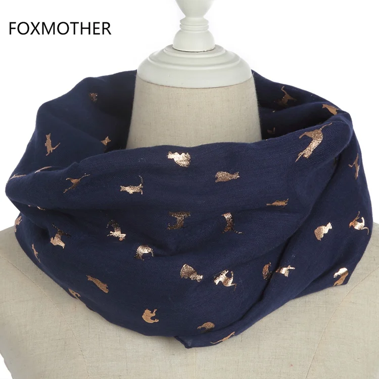 FOXMOTHER шарф женские шарфы Роскошные блестящие белые темно-синие желтые бронзовые фольгированные золотые кошачий шарф шаль Хиджаб шейный платок женские шарфы - Цвет: Navy Loop