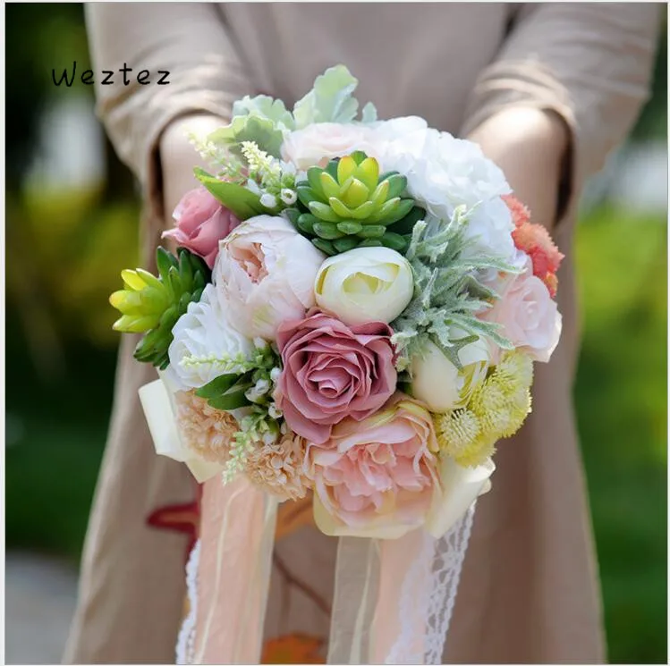 

Bride Holding Flowers Simulation Succulent Rose Wedding Bouquet Decoration Furniture Supplies D527