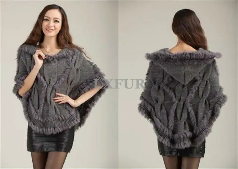 Модные женские вязаные шали с капюшоном и кроличьим мехом повседневные пончо