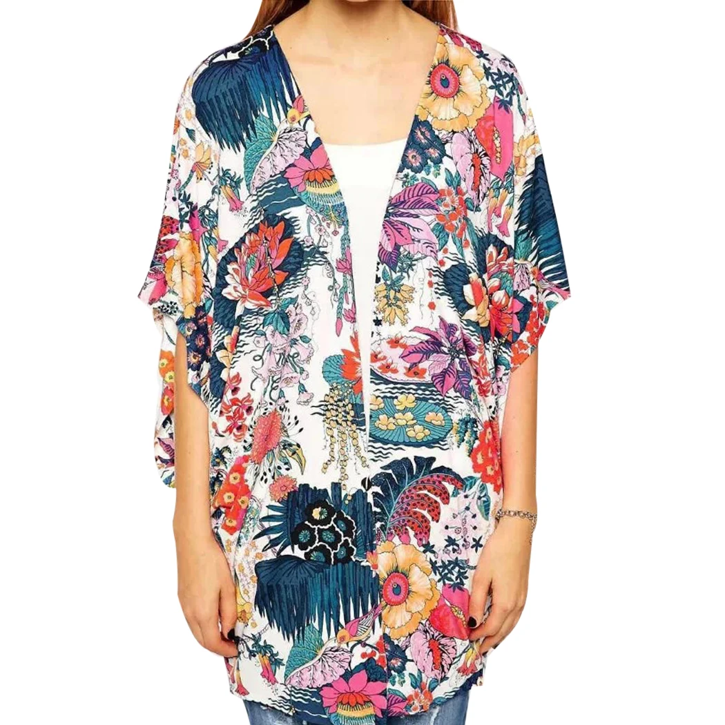 Модные рукав летучая мышь Лето Для женщин Цветочный принт кимоно кардиган бохо