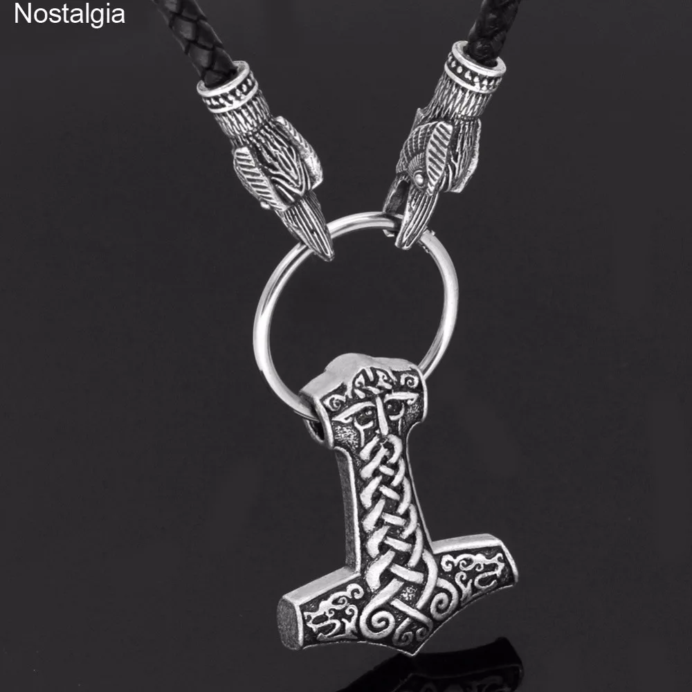 Ностальгия Odin Mjolnir ювелирные изделия в стиле викингов Ворон голова Тор молоток кожа длинные славянские бусы Wicca Pagan талисманы-подвески