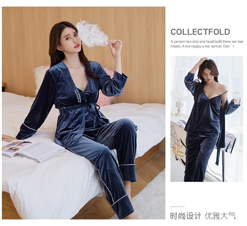 Fdfklak pijama mujer, сексуальное женское белье, комплект из 3 предметов, женский зимний пижамный комплект, золотой бархатный теплый Пижамный костюм, Дамская пижама, пижама
