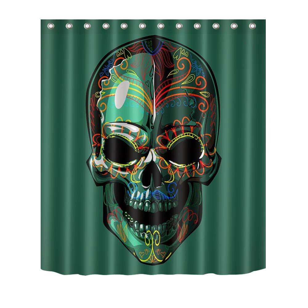 

Водонепроницаемый тканевый занавес для душа на Хэллоуин, 72 дюйма, полиэстер, 12 крючков, искусственный цвет, череп в зеленом фоне