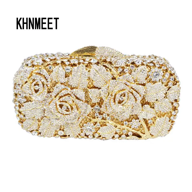 Роскошная вечерняя сумочка клатч со стразами Золотая Роза цветок вечерние