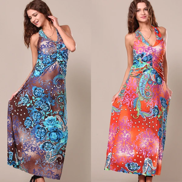Free size cheap 2014 totem print women summer long dress sexy strap colorful beach slim waist casual | Женская одежда