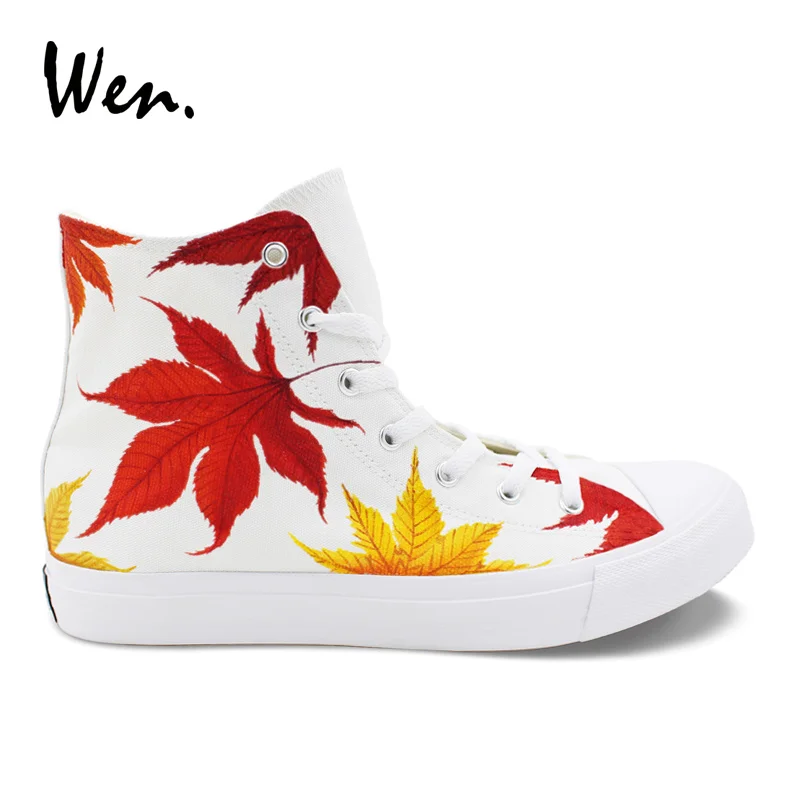 

Wen Maple Leaves Hand Painted Shoes Designers Sneakers Women Top High Vulcanized Shoes Original Design Cross Straps Plimsolls