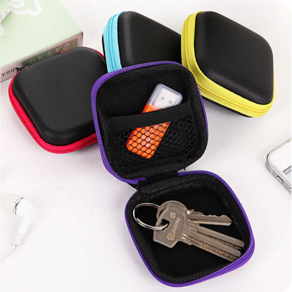 Mini Zipper Hard Headphone Case Portable Earbuds Pouch box PU Leather Earphone Storage Bag Protective USB Cable Organizer | Электроника
