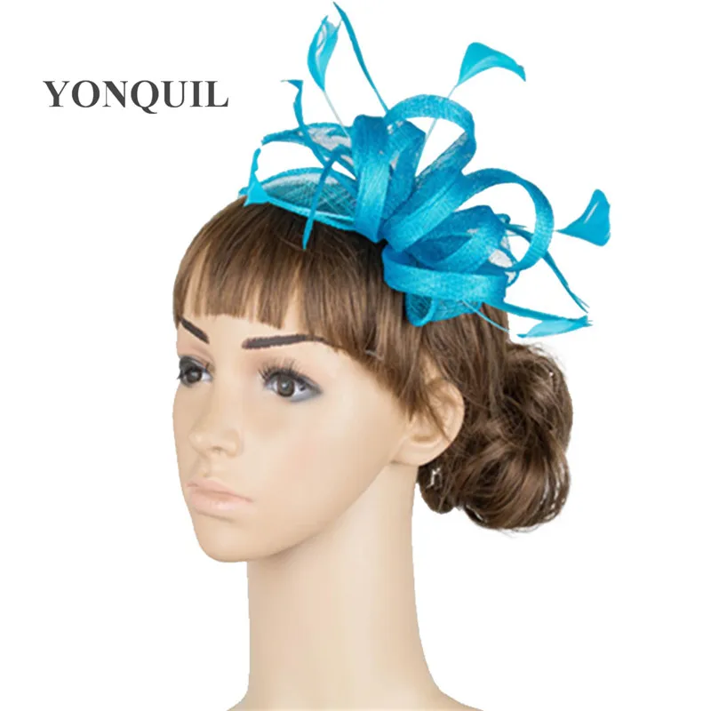 

Turquoise Blue Millinery Cocktail Hat Sinamay Fascinator Headwear Feather Colorful Mesh Event Show Hair Accessories Derby MYQ005
