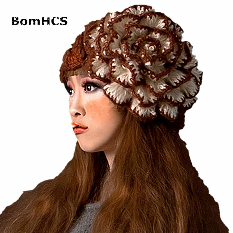 Женская зимняя теплая шапка BomHCS с большими цветами вязаная шапочка ручной работы