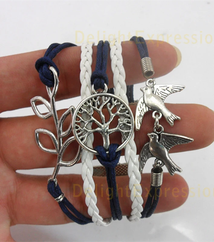 (Min Order $7) Charms Antique Silver Karma Tree for Life and Leaf Birds Rope Girl Leather Bracelet Gift Women Jewelry | Украшения и