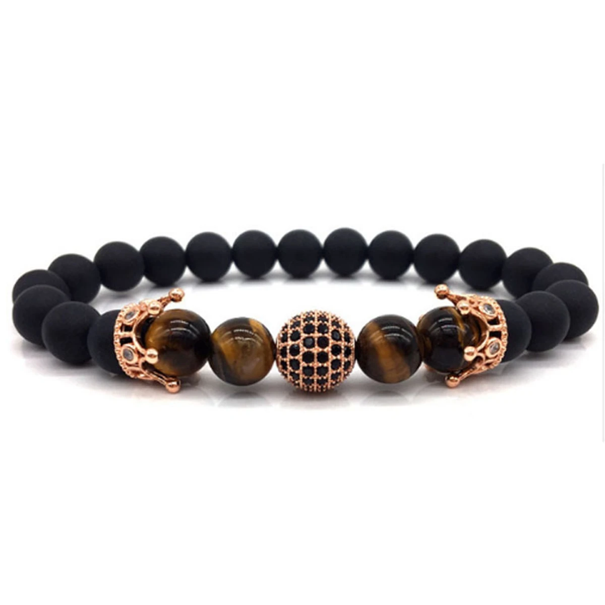 New Trendy Pave CZ King Crown Charm Bracelets Elasticity Adjust Size Men Natural Matte Onyx Stone Beads For Women Jewelry|Плетеные