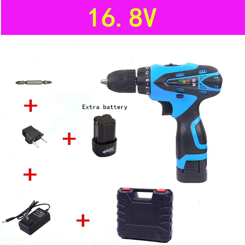 16.8V B XLTOWN12/16,8/21 v аккумуляторная электрическая дрель 2 Батарея многофункциональная Перезаряжаемые литий Батарея электрическая отвертка Мощность инструмент - Цвет: 16.8V B