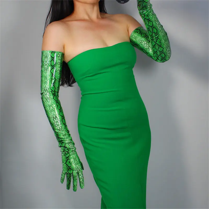 Green Snake 70 см, очень длинные кожаные перчатки, эмуляционная кожа, тонкие руки, сексуальные женские большие красные лакированные кожаные красные женские перчатки, WPU09-70 - Цвет: Green Snake